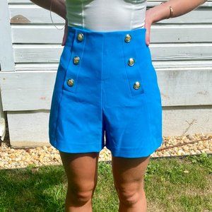 Gold Button High-Waisted  Shorts in Turquoise from ZARA (with Tags)